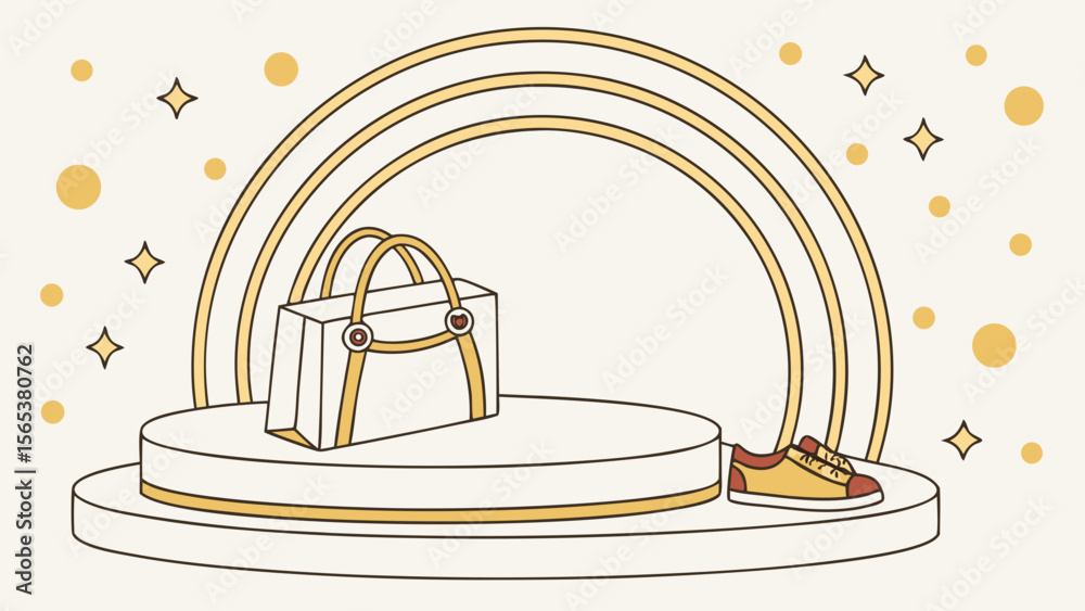Fashionable handbag and shoe on display platform with golden arch background for online shopping store