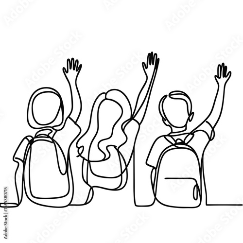 Three school children, a girl, a woman, and a boy with backpack raising their hand in one line art drawing. Student participation. Back to school concept. Vector icon for education design