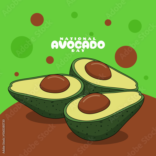 National Avocado Day to celebrate on July 31st. Fresh avocados cut in half with the seeds left inside. Fruit event banner.