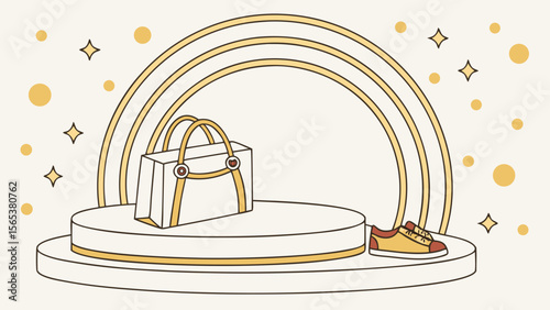 Fashionable handbag and shoe on display platform with golden arch background for online shopping store