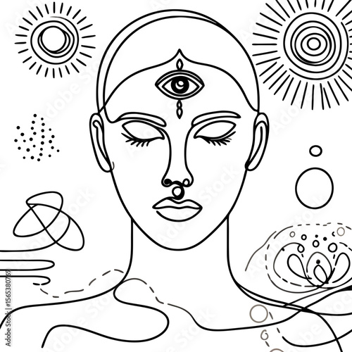 Woman with third eye spiritual meditation concept in continuous line art style. For abstract print, tattoo, design. Black and white vector illustration