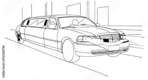 Luxury limousine car driving on road in city with headlight beaming. High-end vehicle concept. Vector illustration for coloring book, design