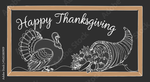 Happy Thanksgiving chalkboard with turkey and cornucopia, autumn harvest celebration concept. Vector illustration for greeting card, banner, poster