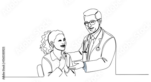 Continuous line drawing of a male doctor in lab coat smiling and putting hand on cheerful woman patient shoulder. Concept of medical care, consultation. Vector illustration.