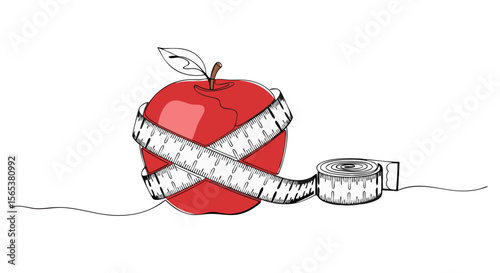 Red apple wrapped with measuring tape and one tape coil. Weight loss, diet, health, fitness, nutrition concept. Contour sketch style vector illustration