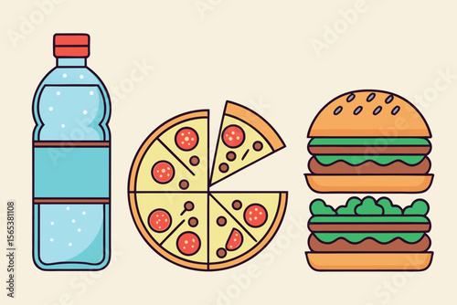 Refreshing Drinks & Delicious Food Water Bottle, Pizza, Burger Illustration