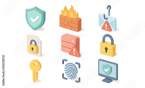 Set of cybersecurity icons including shield, firewall, phishing email, file lock, server alert, padlock, key, fingerprint scan, and computer with secure check. Isometric vector illustration