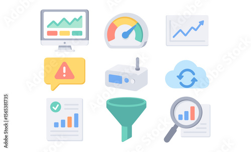 Set of flat vector icons including analytics dashboard, performance speedometer, chart, warning message, router, cloud sync, report, funnel, and magnifying glass