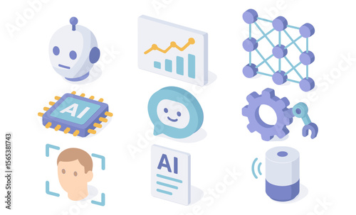 Artificial intelligence and data analytics icons including robot head, chart, neural network, AI chip, chatbot, gear, face recognition, AI document, and database. 3D isometric icon