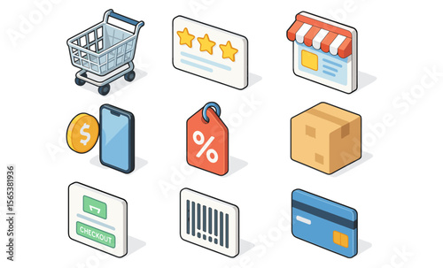 E-commerce icons: shopping cart, product rating, online store, mobile shopping, price tag with discount, box, checkout button, barcode, and credit card payment. 3D shopping symbols