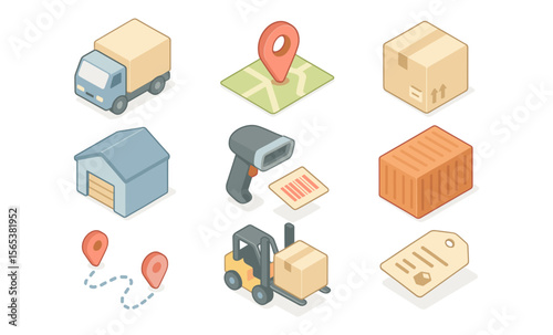 Delivery and logistics icons: truck, map with location pin, warehouse, barcode scanner, cardboard boxes, forklift, shipping label, and package tracking. 3D logistics symbols