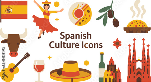 Illustration of spanish culture icons featuring food, landmarks, and traditional symbols on white
