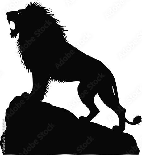 Roaring lion silhouette on rock. Perfect for logos or aggressive wildlife visuals.
