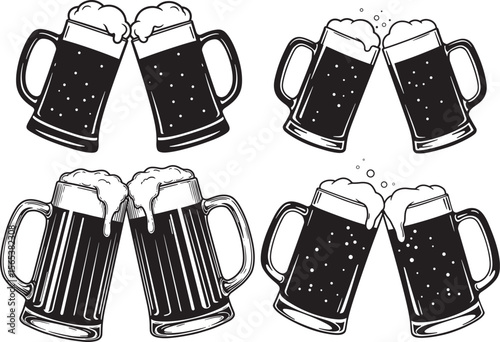 Beer mugs clinking celebration silhouette vector illustration