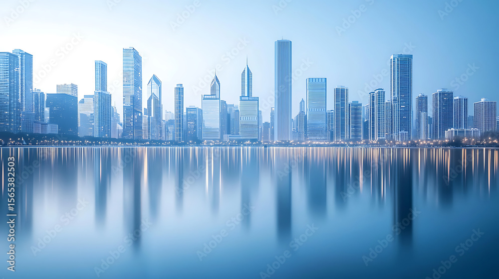 Obraz premium A city skyline is reflected in a body of water