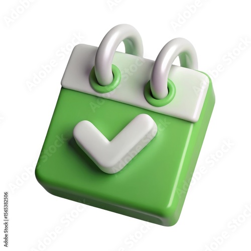 Green 3d calendar icon with checkmark isolated on white background