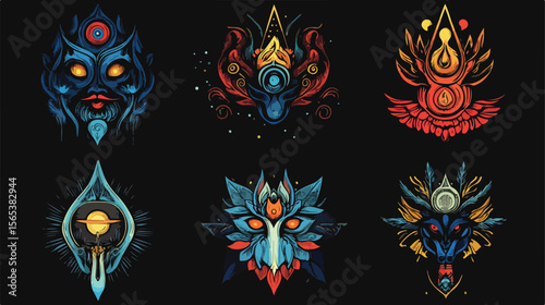 Bundle of Six Esoteric Art Set Icons in Black