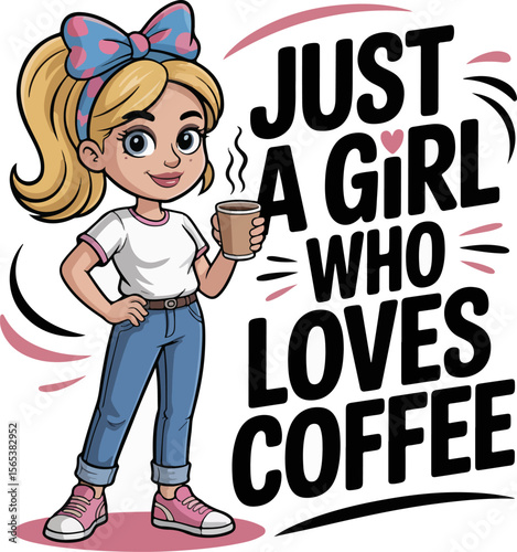Cartoon girl with blonde ponytail and blue polka dot bow holding a coffee cup