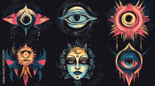 Set of Six Esoteric Art Icons in Vector Illustration