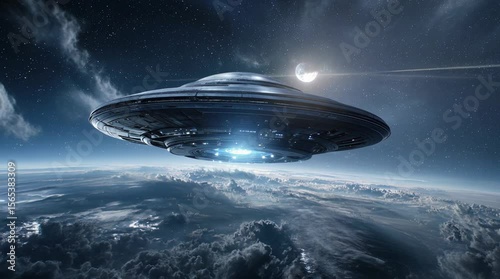Alien spaceship ufo hovering over Planet Earth