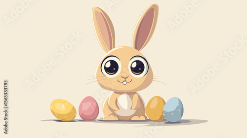 Cute Bunny Rabbit with Big Eyes and Easter Eggs - Adorable Springtime Scene