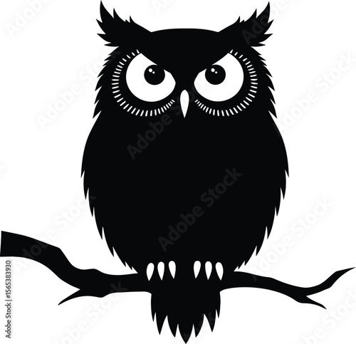 Owl silhouette sitting on branch. 