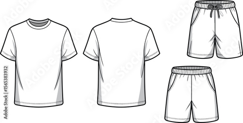 Men's Blank White T-Shirt Front and Back View, Comfortable Shorts with Drawstring and Elastic Waistband, Apparel Template, Vector Illustration, Fashion Mockup, Casual Wear Design, Isolated