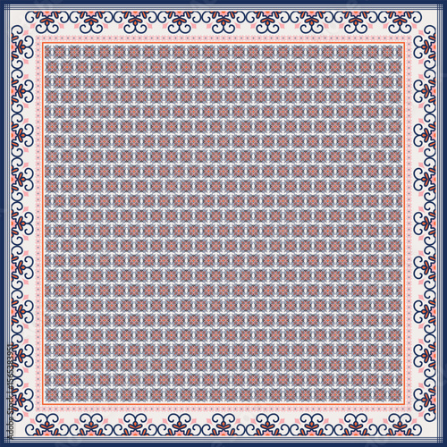Hijab scarf flower abstract pattern.Ethnic geometric ornament with frame motif border hijab pattern.Design for fabric,print,scarves,shawl,kerchief,bandana,clothing,pareo,pillows,tablecloth,decoration.