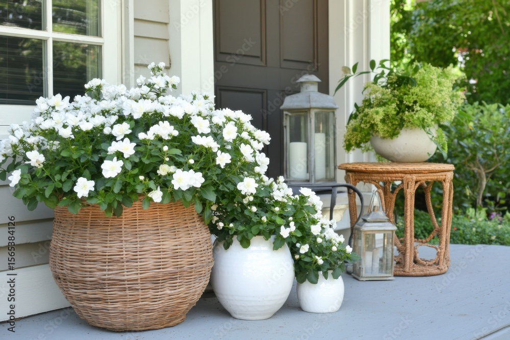Fototapeta premium Beautiful white flowers in woven baskets and ceramic pots decorate a charming porch surrounded by lush greenery on a sunny day
