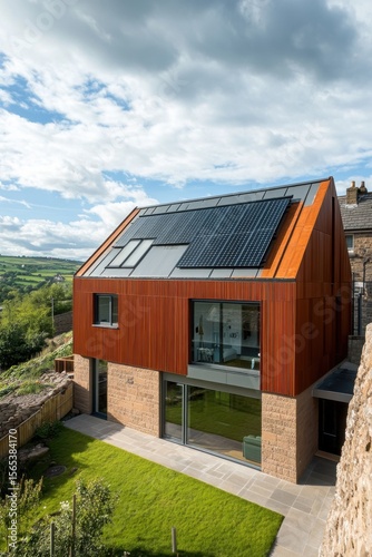 Wallpaper Mural Modern architectural design of a sustainable house featuring solar panels, expansive glass windows, and green landscaping in a countryside setting on a sunny day Torontodigital.ca