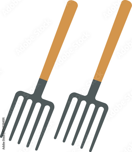 Illustration of two garden forks with wooden handles and black metal tines on a white background