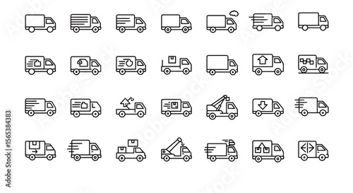 Seamless Vector Line Icon Set Depicting Diverse Delivery Truck Vehicles and Logistics Operations Global Freight Shipping Transportation Supply Chain Commerce Fast Express Courier