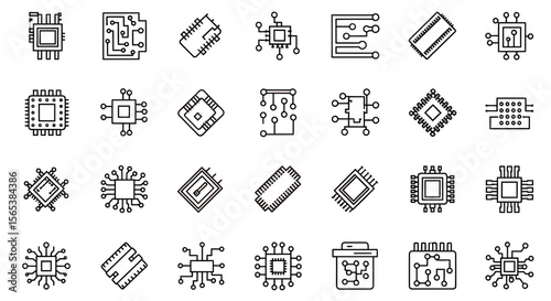 Monochrome Outline Digital Component Circuit Board Processor Vector Icon Set for Technology Hardware and Computing Engineering Designs