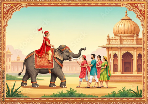 Royal Mughal Wedding Vector – Elephant Procession with Emperor and Ornate Border, Traditional Heritage Illustration for Invitation and Festive Celebration Design
