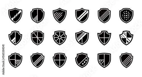 Comprehensive collection of black line shield vector icons representing robust digital and physical protection defense and security emblems for modern web UI UX design