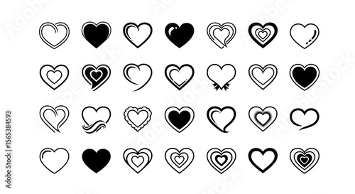 Detailed Black and White Heart Icons Vector Set Unique Love Symbol Graphics Collection Modern Minimalist Design Elements for Web Mobile Applications User Interfaces and Print Media