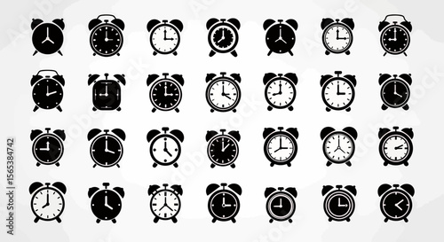 Vector icon set diverse black silhouette alarm clocks for time schedules deadlines reminders wake up punctuality minimal isolated clean graphic elements web application interface