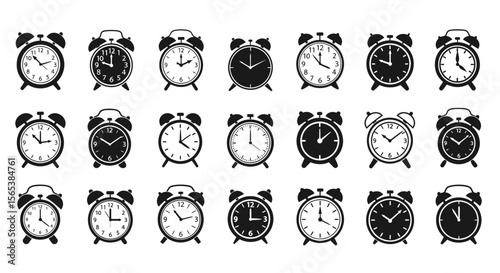 Comprehensive collection of various black alarm clock icons illustrating different styles and designs perfect for timekeeping concepts and scheduling graphics vector glyph