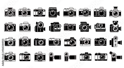 Extensive Professional Photography Videography Device Icon Set Collection Featuring Various Retro Vintage Analog Digital Modern Classic Equipment Symbols Pictograms Silhouette