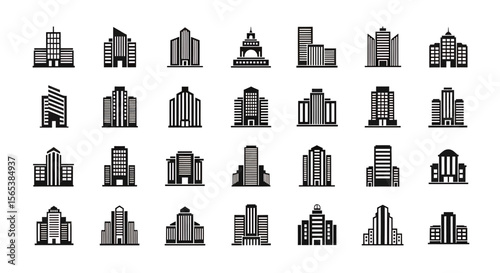 Extensive array showcasing diverse modern and traditional building structures comprehensive set of professional flat vector icons representing urban architecture cityscape