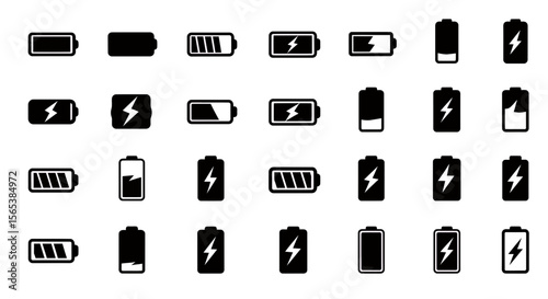Battery charge level indicator flat vector icon set energy status display symbol collection interface design element power indicator glyph pack