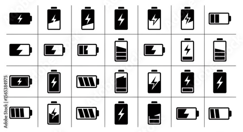 Professional black and white battery charging status level indicator full empty icon set vector graphics essential digital power energy technology UI UX web design app element