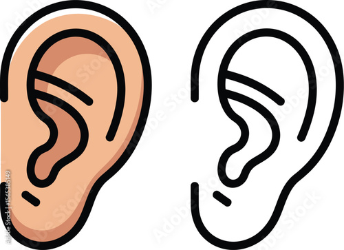 Two ear illustrations one colored and one black and white on a white background graphic depiction