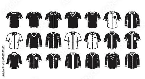 Men Apparel Icons Collection Essential Male Clothing Garments Vector Set Business Casual Uniform Fashion Styles Tees Polos Shirts Sweaters Long Sleeve Short Sleeve Design