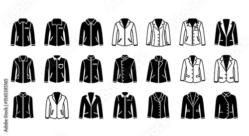 Icon set professional business fashion clothing apparel outerwear jacket blazer uniform vector outline solid glyph
