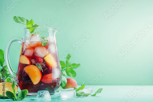 Fresh fruit beverage, sangria in in a transparent mug