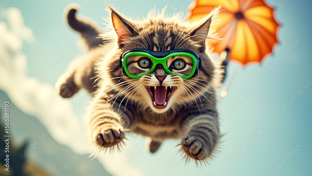 Fototapeta premium A fluffy tabby kitten wearing green goggles flies with an orange umbrella, mouth open, against a bright sky.