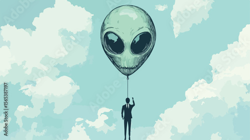 Businessman Hanging on Alien Face Balloon