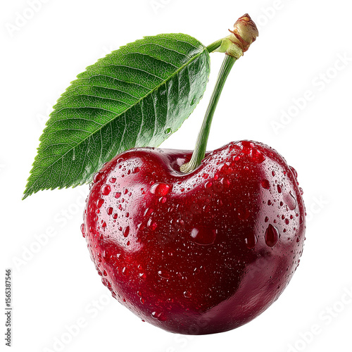 Fresh cherry fruit with leaf and water droplets for healthy eating isolated on transprint background
