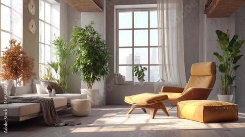 Modern urban loft living room with mid-century furniture, indoor autumn plants, minimalist design, daylight